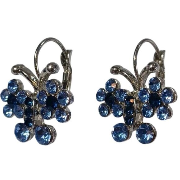 Swarovski Crystal Butterfly Leverback Earrings With Blue Flower Wings - Picture 1 of 6